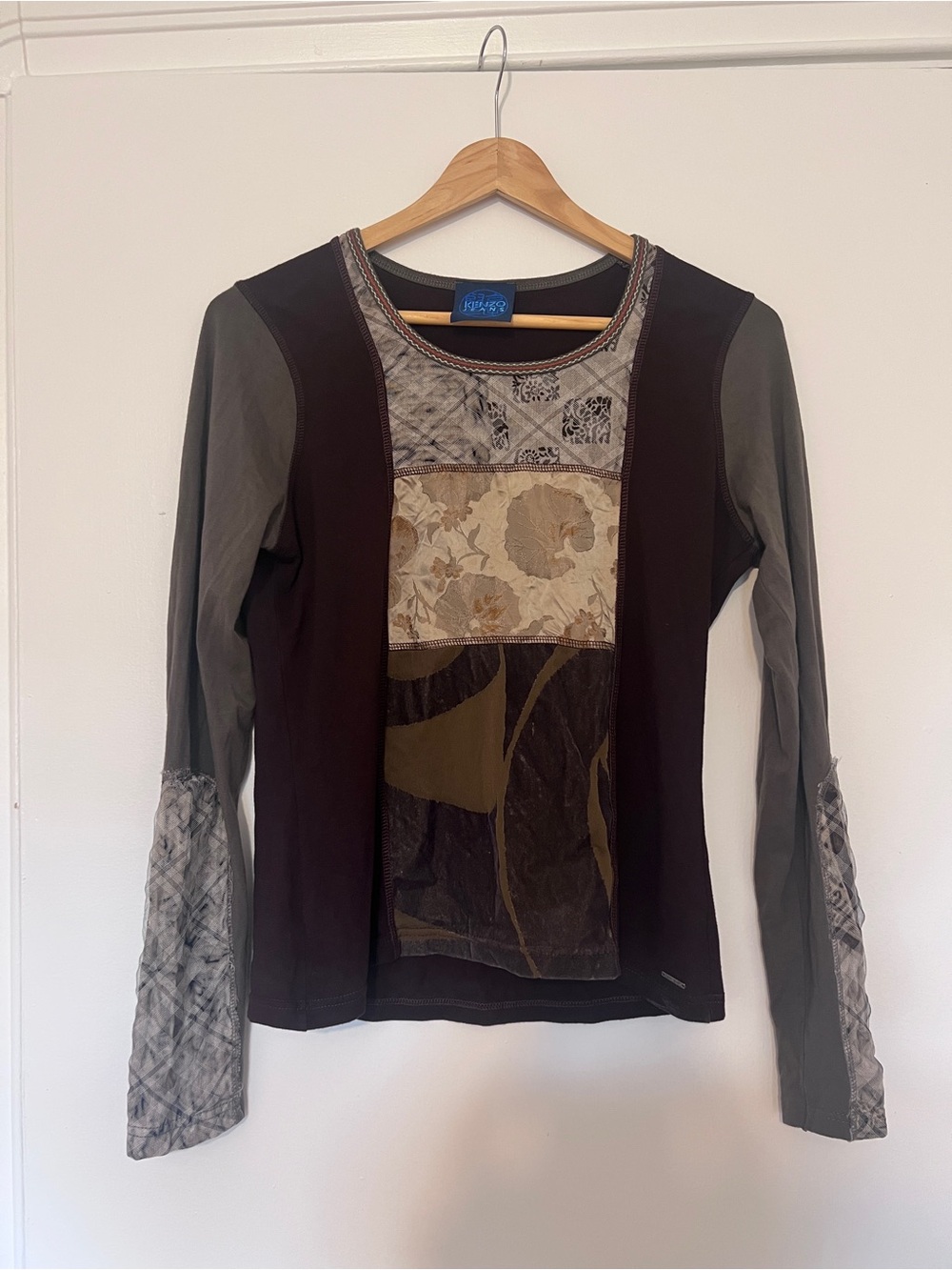 Kenzie Long Sleeve Patchwork Floral Top in Olive and Brown